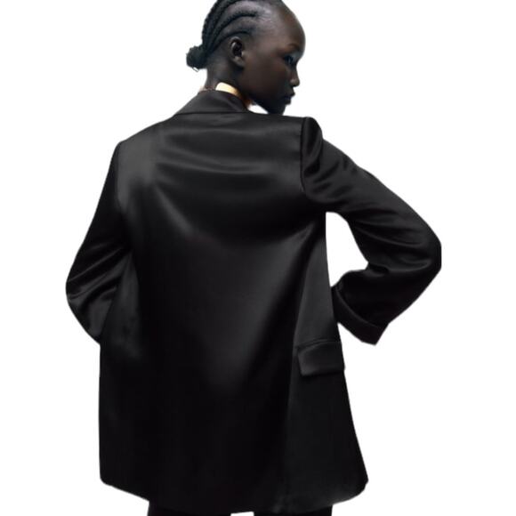 New Zara Black Satin Long Line Blazer With Turn-up Cuffs Size Large - Picture 3 of 16